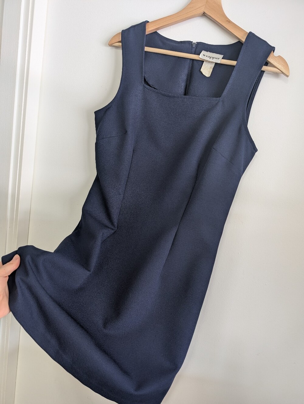 Vintage 90s Wrapper Small Fitted Shift Dress Navy Blue Tailored Square Neck Line